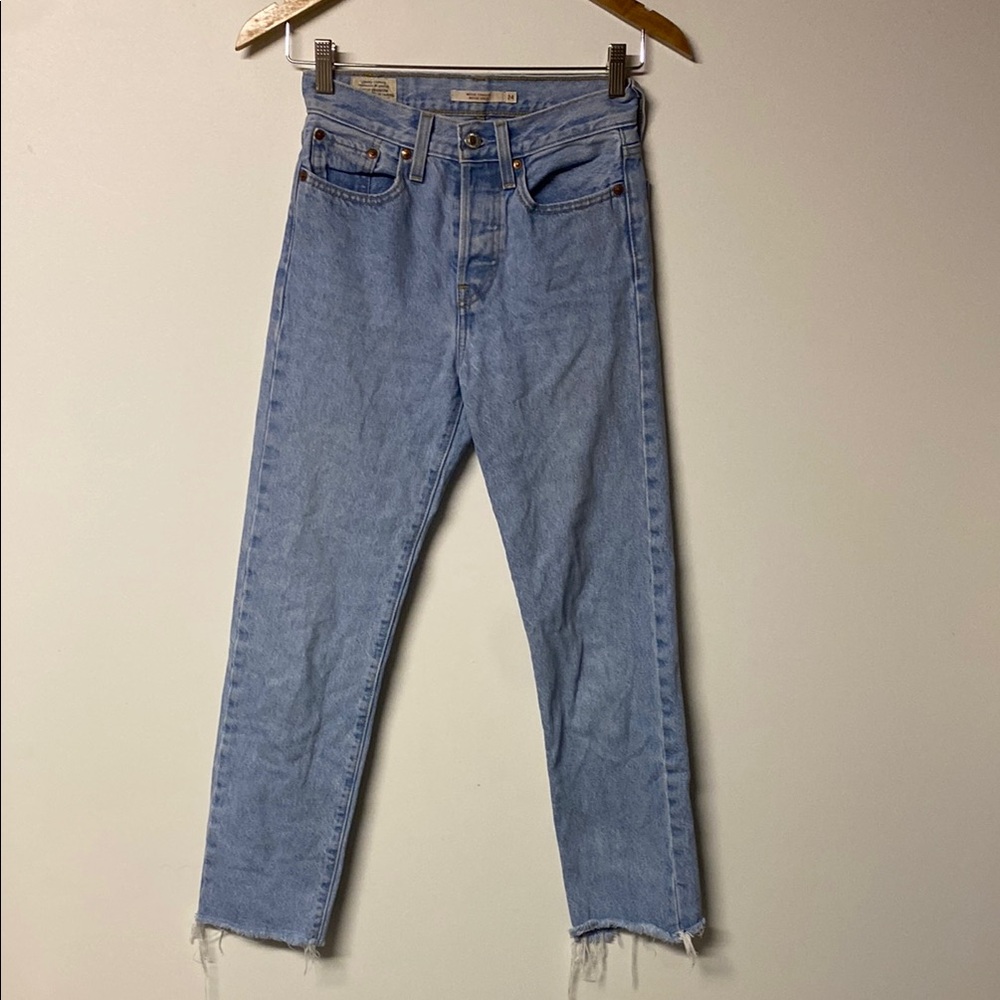 Levi's Wedgie Straight Raw Hem Light Blue Denim Jeans